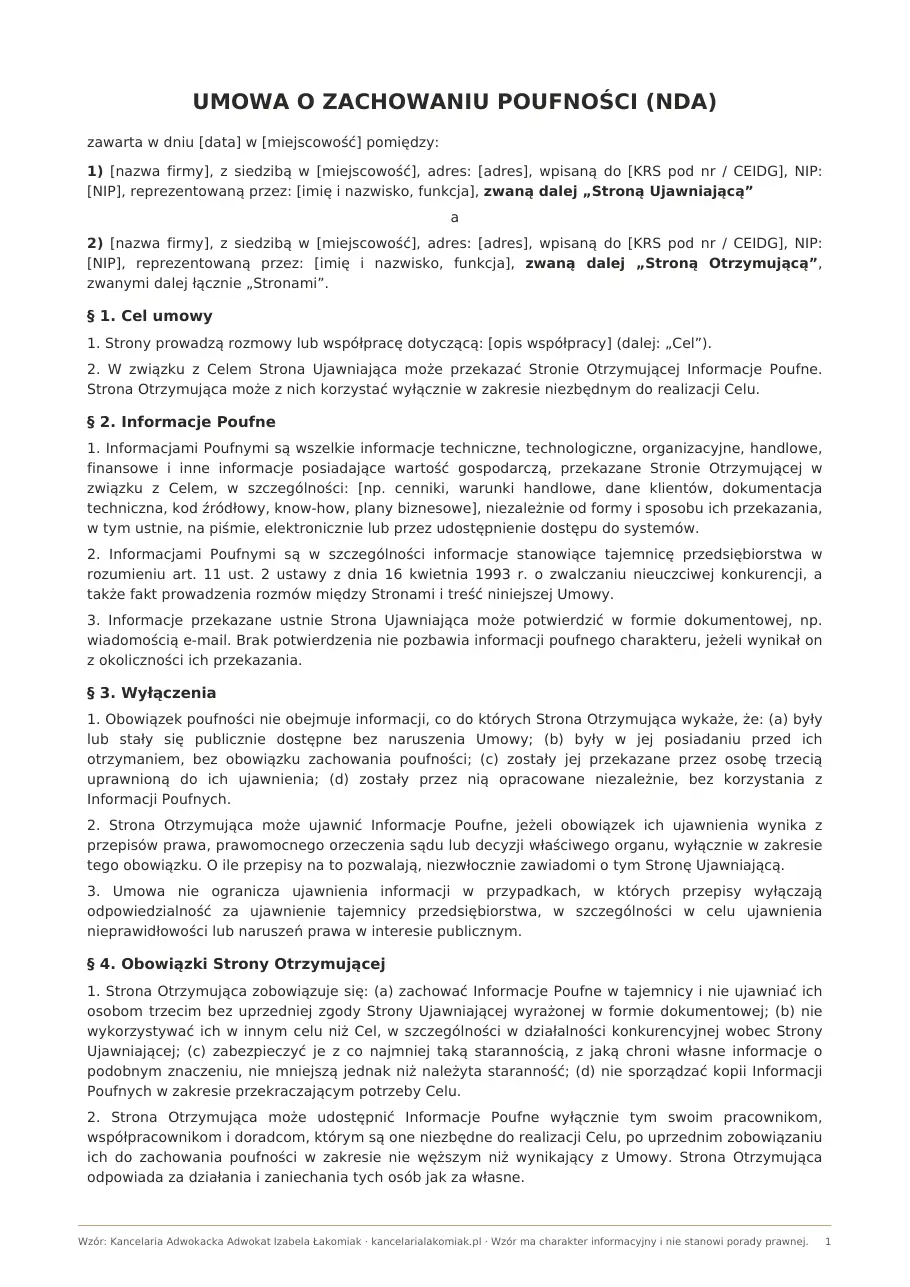 Wzór umowy NDA (umowa o zachowaniu poufności), jednostronna, do pobrania w Word i PDF