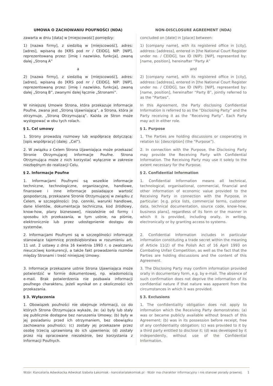 Dwujęzyczny wzór umowy NDA po polsku i angielsku (non-disclosure agreement), do pobrania w Word i PDF