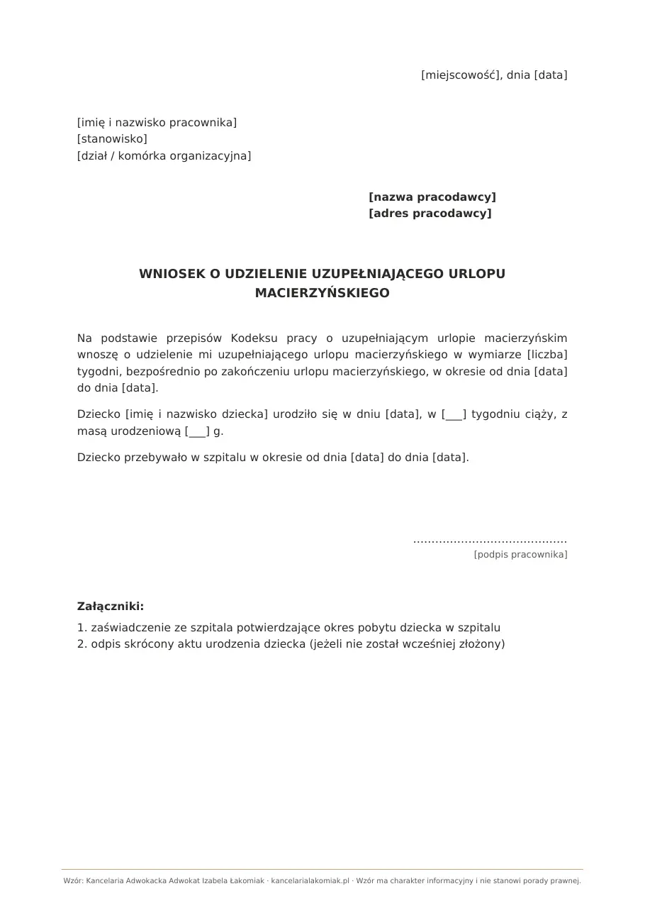 Wzór wniosku o uzupełniający urlop macierzyński dla rodziców wcześniaków do pobrania w Word i PDF